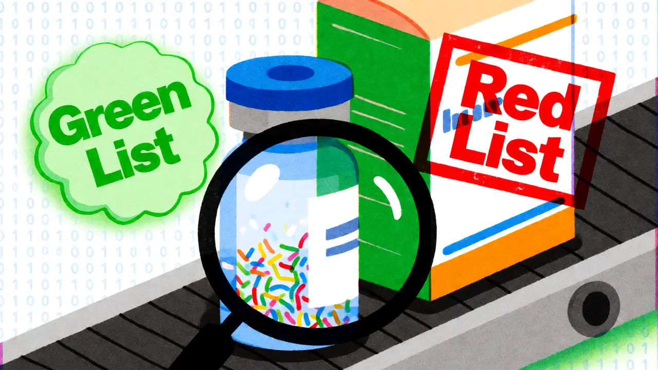 Magnifying glass inspecting drug vial for impurities near list badges.