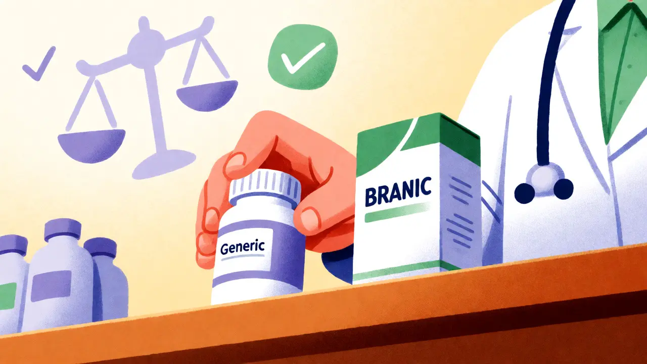 Pharmacist handing over generic meds with floating trust icons in riso aesthetic